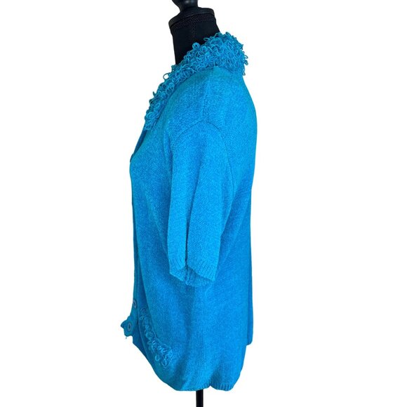 Lisa International Turquoise Chenille Button Cardigan Sweater Fringe Collar M - Picture 3 of 9